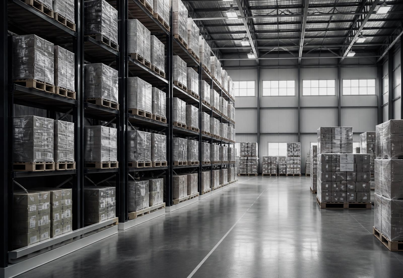 Pallets of boxed consumer goods stored on industrial racking in a distribution warehouse